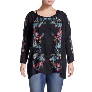 JOHNNY WAS KIKIMU HEAVILY EMBROIDERED BLOUSE TUNIC BOHO Sz LG Navy Blue